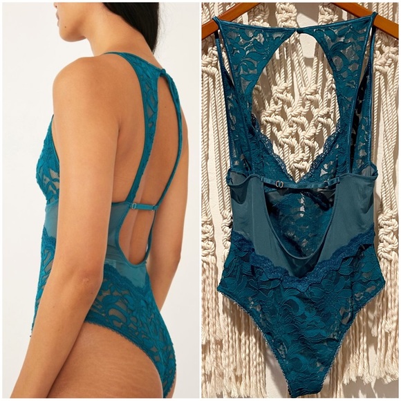 NWOT Free People SM Green Teal ‘Speed Date Lace Bodysuit’ Boho Festival Lingerie - Picture 2 of 10
